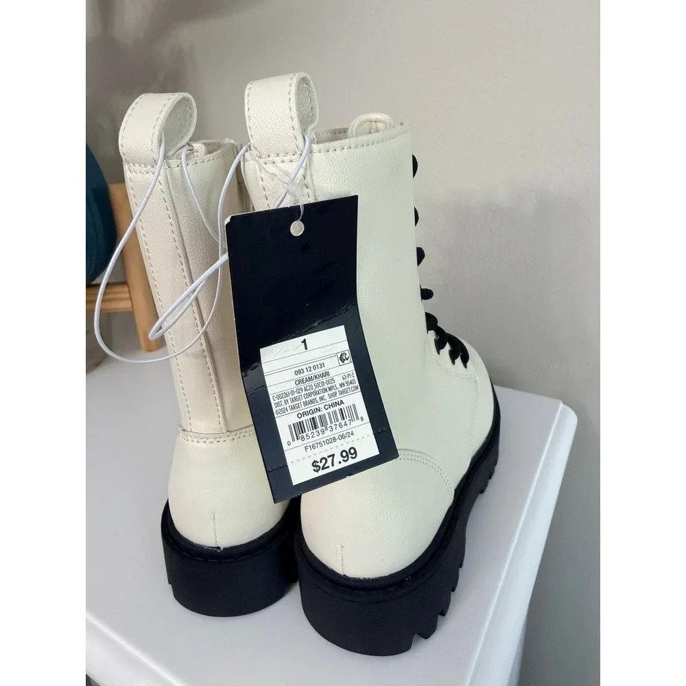Art Class Combat Boots Girls Size 1‎ Cream Lug Sole Lace Up Side Zip NWT
